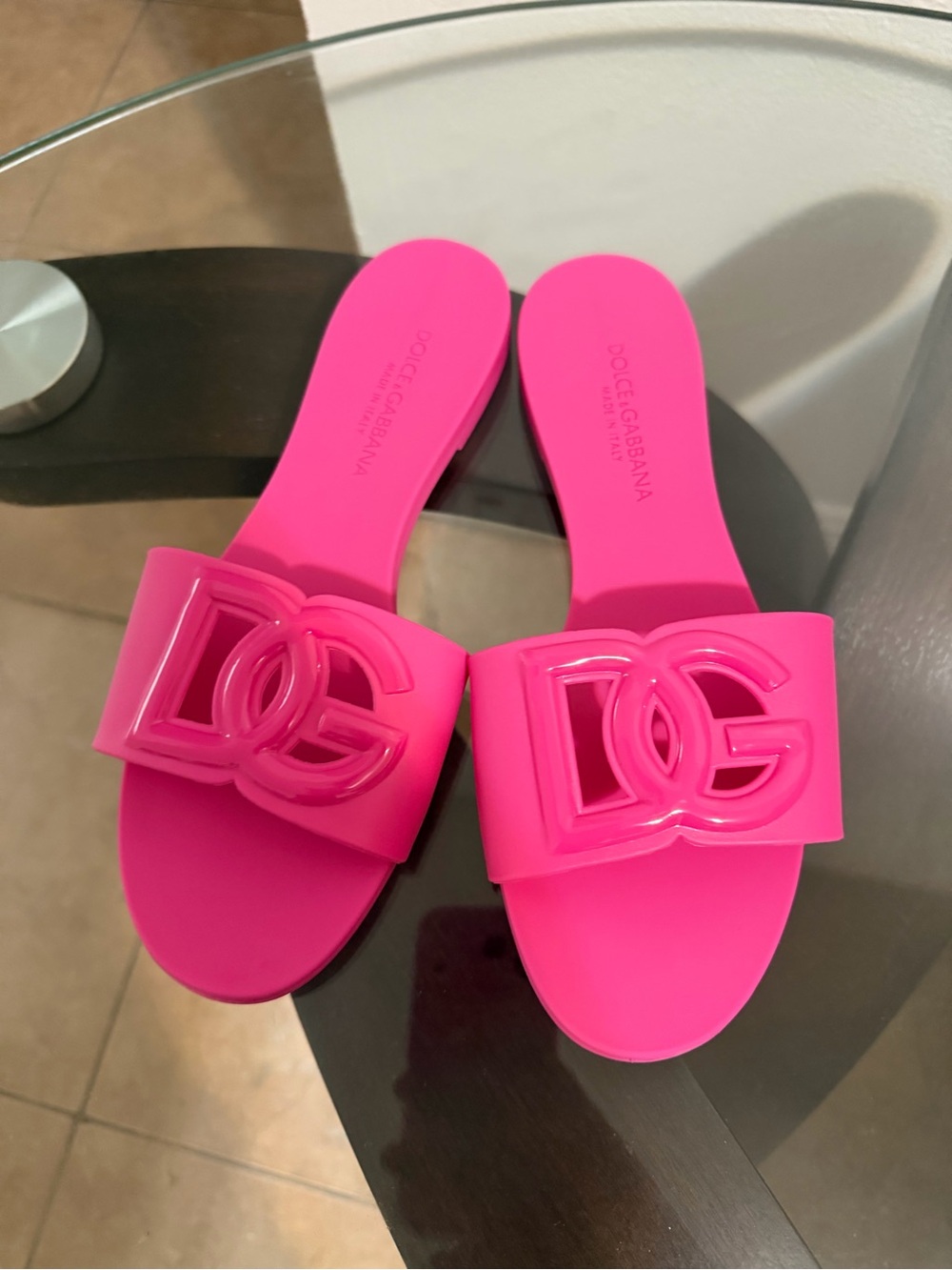 Dolce & Gabbana Neon Pink DG Logo Slide Sandals